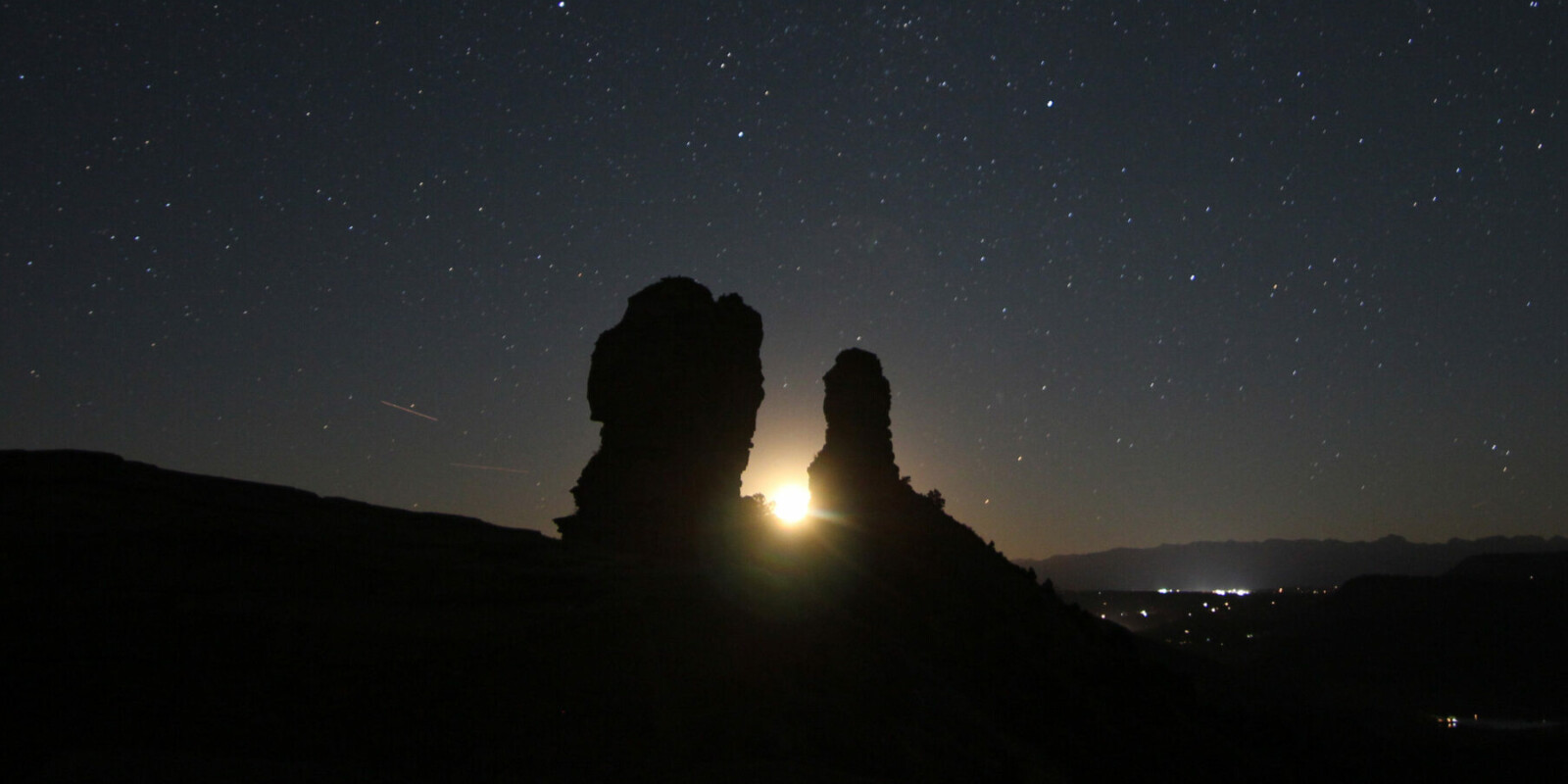 Moonrise between Chimney Rock and Companion Rock.