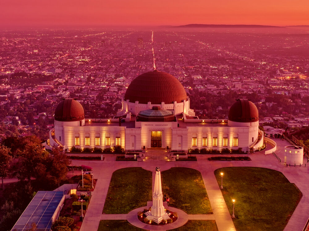 Overhead view of Griffith Observatory during sunset.