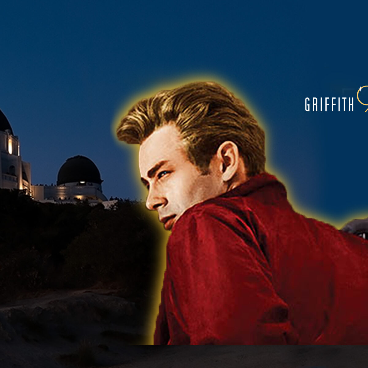Cutout of James Dean and Natalie Wood from Rebel without a Cause set against the Observatory in the background.