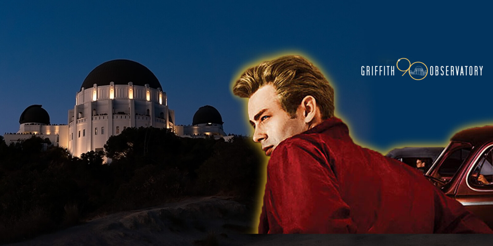 Cutout of James Dean and Natalie Wood from Rebel without a Cause set against the Observatory in the background.