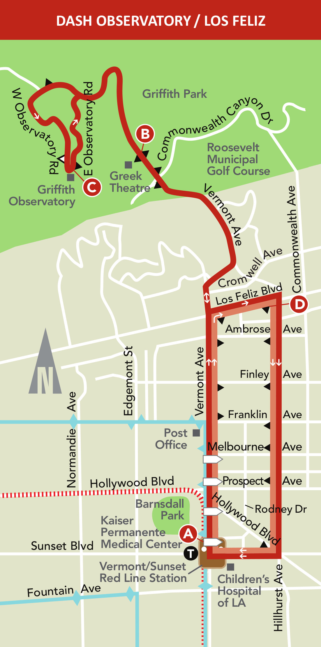 Map of the Dash Observatory/Los Feliz route.